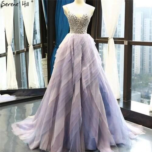 Serene Hill Lavender Dubai Sleeveless Sexy A-Line Luxury Prom Dress 2020 Real Photo Diamond Tiered High-end Evening Gown C66718