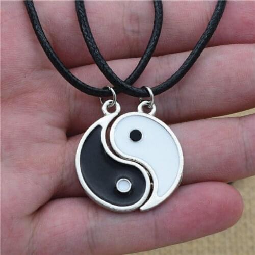 1Pair Couples Best Friend Black White Enamel Tai Chi Yin Yang Leather Necklace