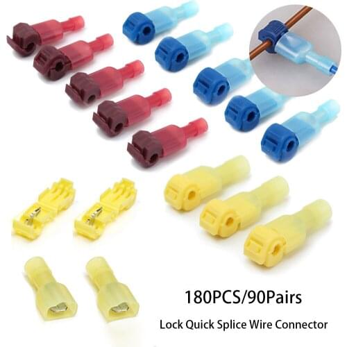180PCS/90Pairs Male Spade & Lock Quick Splice Wire Connector Set Snap Fast Easy Lock Electrical Cable Crimp Terminal 22-10 AWG