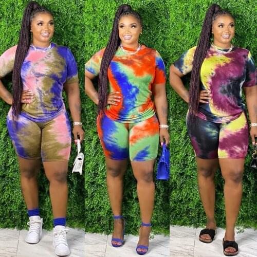 2021 European and American Fashion Sexy Plus Size Womens V Neck Tie Dye Color Home Sports Shorts Suit