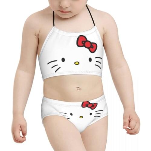 2021 Kawaii Anime Kid Girls swimming suit Children Print Hello Cat 2 Bikini Wholesale Baby Girl Swimming Suit