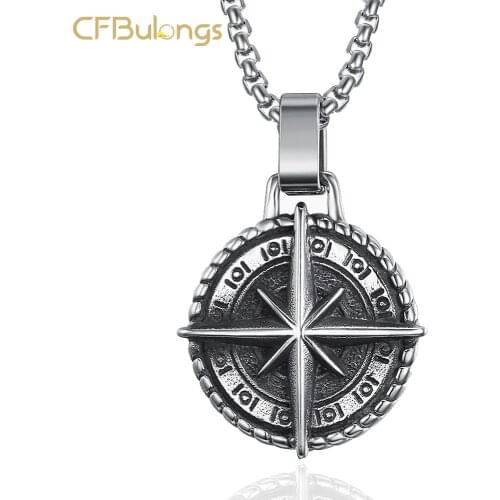 CFBulongs Euro-American Mens Necklace Retro Stainless Steel Compass Pendant Jewelry
