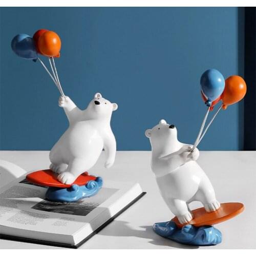 Home Decors Cartoon Surfing Balloon Bear Statue Girl Room Bedside Display Furnishings Resin Animal Figurines Birthday Gifts