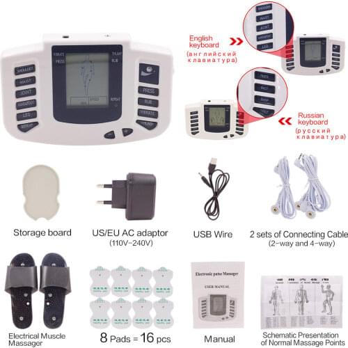 Russian/English Electrical Muscle Relax Stimulator Therapy Massager 16 Pads Pulse Tens Acupuncture Pain Relief Glove Sock Bracer
