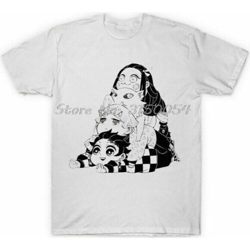 Kimetsu No Yaiba Demon Slayer Cute Pyramid Tanjiro Nezuko Inosuke White T-Shirt Men Cotton O-neck T Shirt Anime Tshirt Tees