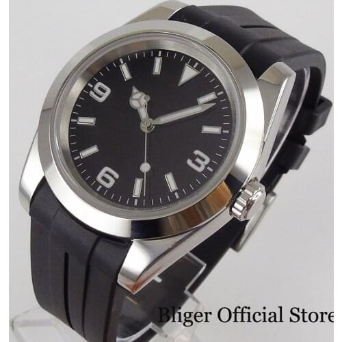 BLIGER Simple 39mm Automatic Polished Men Watch 24 Jewels NH35A Movement Sterile Black Dial ScrewCrown Rubber Band Curved End