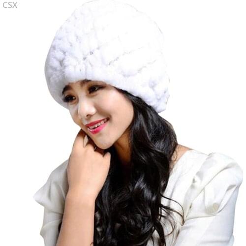 MwOiiOwM New item Fluffy Women Russian 100% Fur Knitted Hat Head Ski Cap Winter Warm Fur Female Headwear Headdress 14 colors