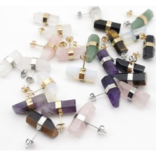 Natural Stone Stud Earrings Geometric Crystal Pillar Pink Quartz for Women Healing Fashion Ear Jewellery Gifts 8mmx9mmx21mm