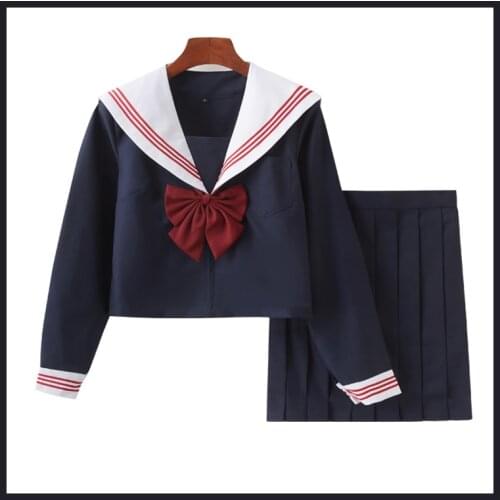 New JK Uniform Set Female Navy Blue Red Bow Tops And Skirt Modern Stage Performance Cosplay JK Costumes For Girls DQL5094
