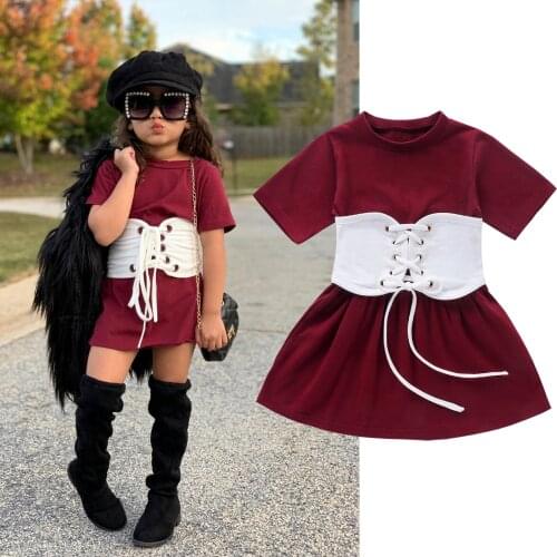 Pudcoco New 1-6Y Toddler Baby Girls Summer Dress+Belt 2pcs Solid Short Sleeve Knee Length A-Line Dress Fashion Outfits