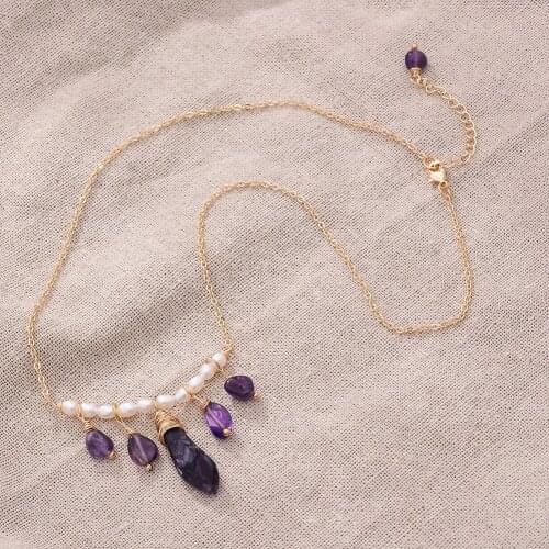 Original Handmade 14K Gold Filled Natural Irregular Amethyst Freshwater Pearl Ladies Pendant Necklace Jewelry Women Short Chain