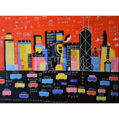 HandPainted Modern Cartoon Oil Painting on Canvas Abstract Hong Kong City View Canvas Painting Wall Art Pictures for Living Room