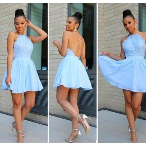 Light Blue Top Lace Homecoming Dresses Hallter Short Criss Cross Straps Cocktail Dress Simple Backless Party Gowns