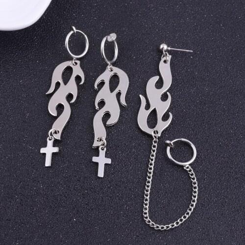 Harajuku Streetwear Flame Cross Earrings Punk Hip Hop Cartilage Drop Earrings for Women Men Party Jewelry Accessories