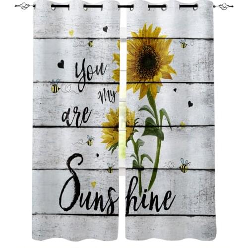 Sunflower Bee Old Wood Plank Texture Blackout Curtains For Living Room Bedroom Window Treatment Blinds Drapes Kitchen Curtains