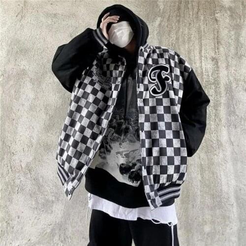 Women Baseball Jacket Couple Retro Jacket Harajuku Style Embroidery Plaid Thick Coat Spring Autumn Clothes Baseball Uniform Coat