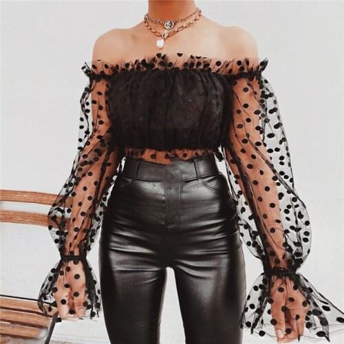 2020 Hot Fashion Women Casual Polka Dots Print Mesh Patchwork Puff Sleeve T-Shirts Lady Off Shoulder Sexy Tops Ruched T Shirt