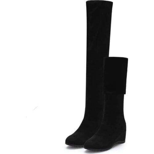 Black Elastic Flock Slim Fit Over The Knee Boots Women 2020 Autumn Winter Sexy ladies high heel wedges Long Thigh High botas