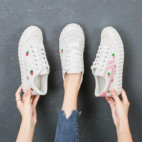 ZEEKSON 2021 New Harajuku Style Casual Canvas White Shoes Female Korean Style Simple Student Flat Bottom Wild Strawberry Sneaker