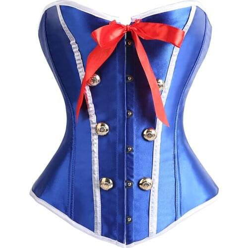 Women Steel Bone Corset Lace Up Steampunk Corset Sexy Blue Stewardess Espartilhos Overbust Slim Strapless Corselet Bustiers XXL