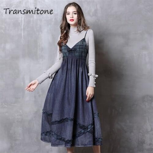 Spring Denim Women Dress 2019 Vintage New Patchwork Plaid Dress Big Hem Spaghetti Strap Dresses A-line Vestidos Femininas