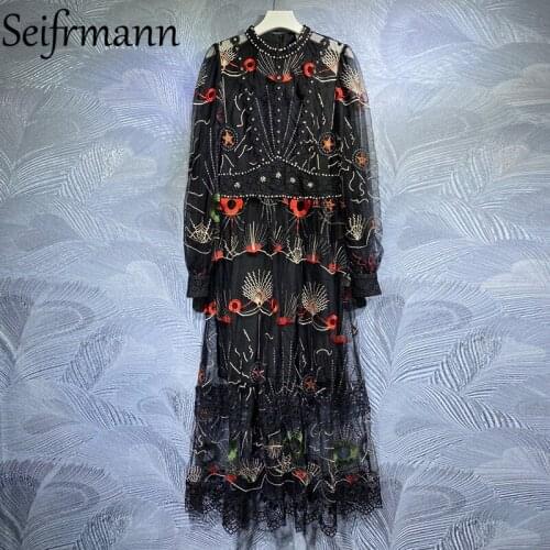 Seifrmann New 2021 Autumn Women Fashion Runway Party A-Line Dress Lantern Sleeve Gorgeous Crystal Beading High Waist Long Dress