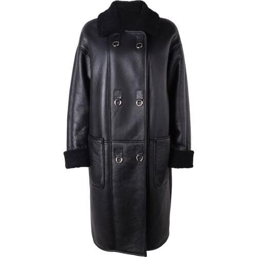 YOLOAgain Winter Warm Women Black Long Shearling Jacket With Lamb Fur Lining Genuine Leather Trench Coat