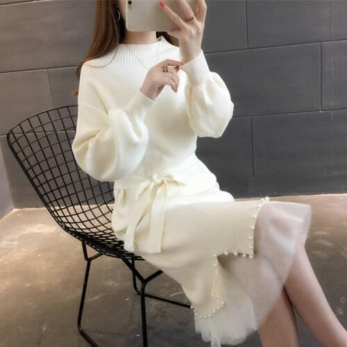 2020 spring and autumn new beaded belt high collar solid color temperament loose midfield section was thin bottoming shirt dress