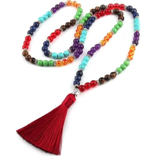 Free Shipping Fashion Long Tassel Yoga Jewelry Multi Stone Buddha Halsband Women Seven Chakras Necklaces