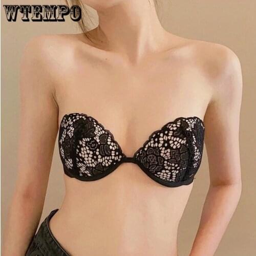 Strapless Lace Sexy Bras Women Push Up Bra Underwire Gathered Bralette Black White Seamless Underwear Floral Lingerie Female New