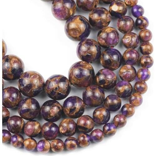 Natural Purple Gold Cloisonne Stone Beads 6/8/10/12MM Round Spacer Loose beads for Jewelry making DIY bracelets accessories 15