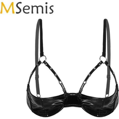 Ladies Womens Open Nipples Cup Sissy Bra Tops Shiny Leather Bra Rivet Strap Underwire Breast Sexy Exotic Underwear