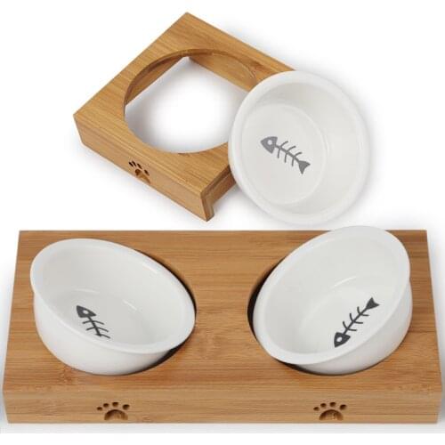 Double Ceramic Tableware Dog Feeders Cat Bowl Pet Food Water Bowls Single Bamboo Frame Antiskid Pets Supplies Accessories