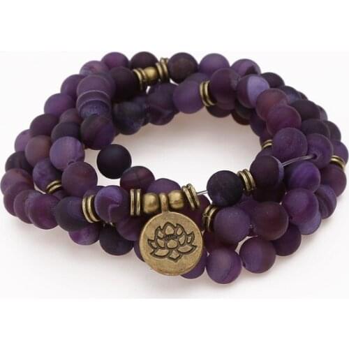 Purple 108 beads 8mm elastic adjustable Lotus life tree Buddha OM eye Chakra Reiki agate Onyx Bracelet necklace xf4g