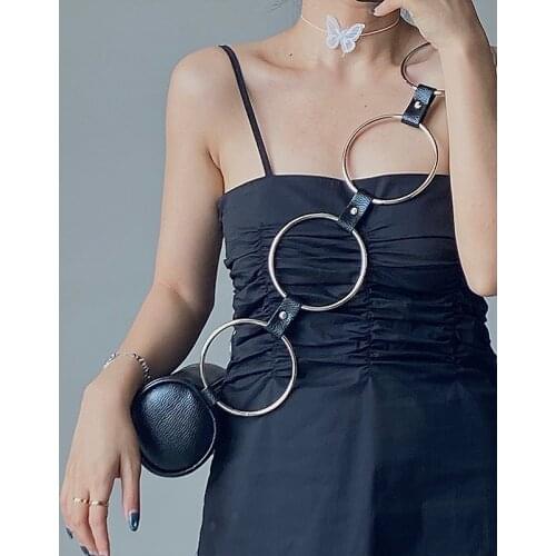 Personality Womens Bucket Bag Fashion Design Ladies Metal Ring Shoulder Bag PU Leather Cool Girls Black Wrist Messenger Bags