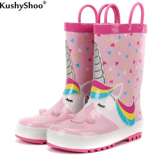 KushyShoo Rain Boots Kids Waterproof Childrens Rubber Boots Girls 3D Cartoon Pink Unicorn Toddler Rainboots
