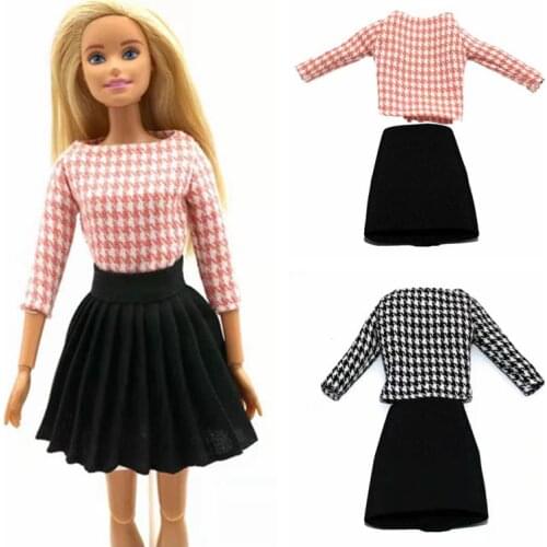 Fashion Pink Black Houndstooth 1/6 BJD Clothes for Barbie Doll Clothes Outfit Long Sleeve Shirt A-Line Top Skirt 1:6 Accessory