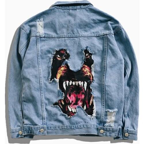 Mens Hip Hop Denim Jacket Funny Dog Printed Broken Hole Jean Jacket Spring Autumn Streetwear Coat for Couples wear