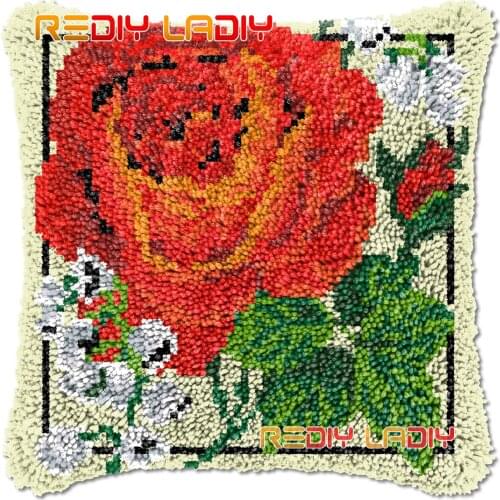 Latch Hook Cushion Red Peonies DIY Needlepoint Kits Chunky Acrylic Yarn Arts Crocheting Lofty Pillow Case Hobby & Crafts