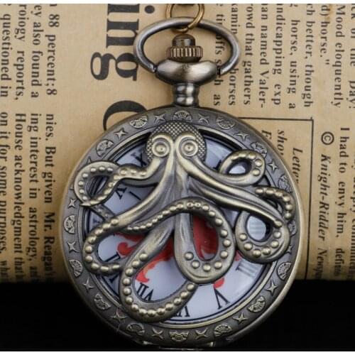 New Antique Bronze Octopus Hollow Cover Quartz Pocket Watch Necklace Exquisite Pendant Handmade Clock Souvenir Men Women Gifts