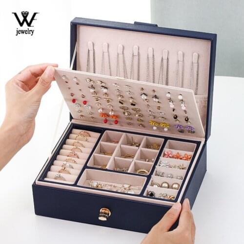WE New Exquisite Two Layer Jewelry Organizer Box for Earrings Smooth Leather Jewelry Storage Case Display Holder with Nice Lock