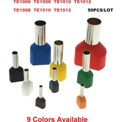 50Pcs Copper Crimp Termina TE1006~1512 Electric Double Line Terminal Dual Wire Tube Insutated Cord End Cable Ferrules 1.0 1.5mm²
