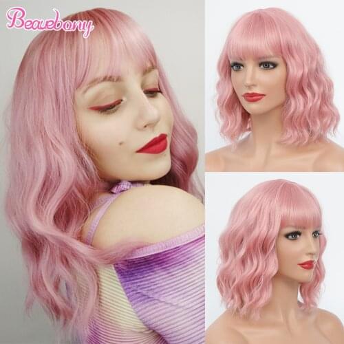 Beauebony Synthetic Hair Wavy Bob Wig Pureple Pink Wig For Womens Short Wigs With Bangs Lolita Ombre Heat Resistant Cosplay Wig