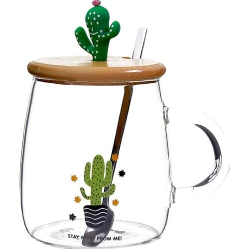 Cute Cactus Tea Mug with Wooden Lid and Spoon Borosilicate Glass Coffee Mug 450ml Clear Drinking Cup for Fruit Juice, Coffee Tea