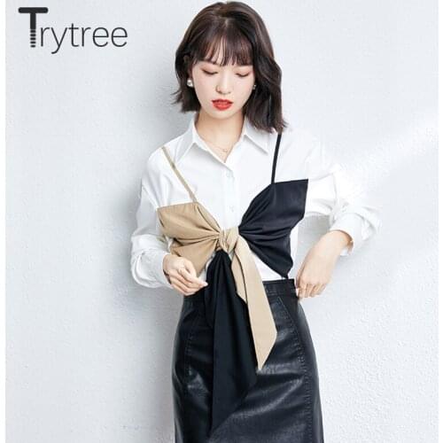 Trytree 2021 Summer Spring Women Blouse Casual Single Breasted Ptachwork Panelled Vest Bow Shirts Office Lady Tops For Women