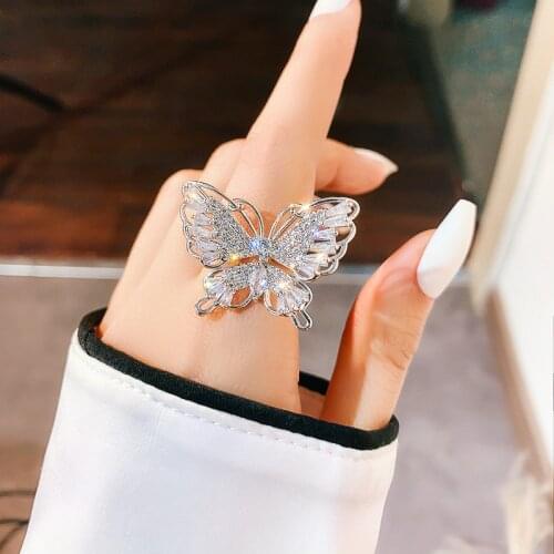 USTAR New CZ Butterfly Rings for women Shiny Rhinestone silver color Gold adjustable Rings Female jewelry Accessories