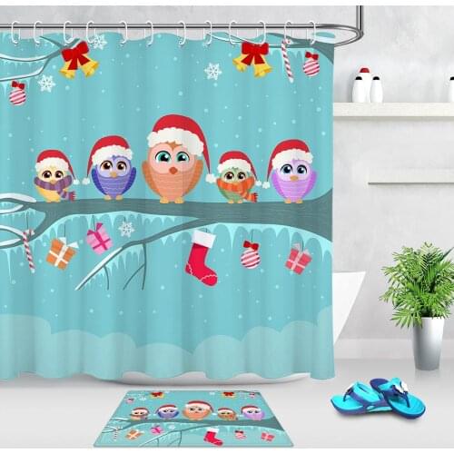 Cartoon Design Cute Shower Curtain Blue Christmas Toy Owl Snowflake Candy Cane Xmas Balls Childrens Bathroom Decoration