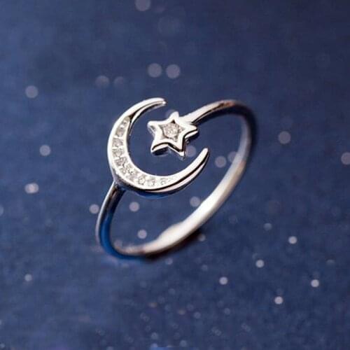 Womens Cute Silver Color Star Moon Open Adjustable Rings White Zircon Crystal Rings Fine Jewelry Fashion Accessories