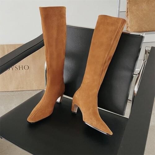 2021 New Winter Women Knee High Modern Boots Genuine Cow Suede Leather 6cm Strange Style Long Warm Shoes Big Size 34-43