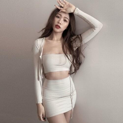 WOMENGAGA autumn new long sleeve cardigan tshirt tees thin tank + mini skinny skirt short slim sexy 3-piece set korean D6IX